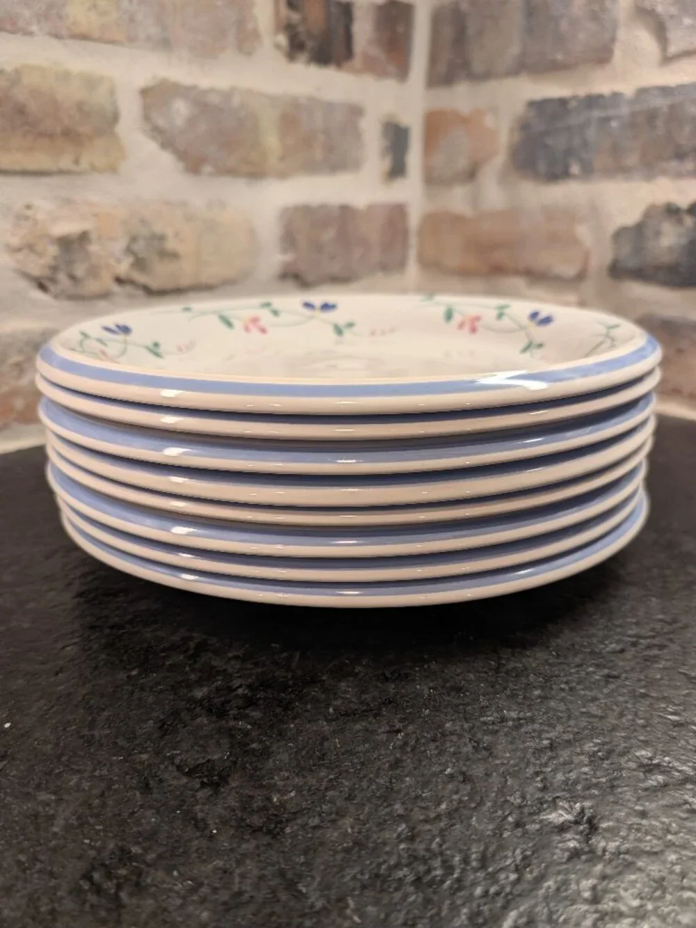 Share Set of (8) HEARTHSIDE ALLEGRO STONEWARE INDONESIA Blue PInk 10 1/2” Dinner